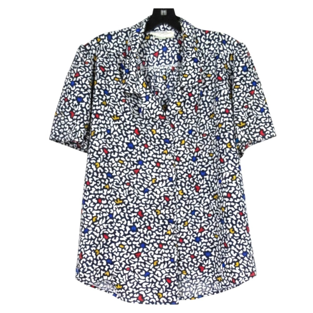 VTG SHAPELY 80's SATIN Navy/Multi CONFETTI PRINT Button-Up BLOUSE/SHIRT/TOP 12